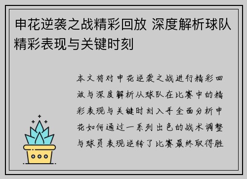 申花逆袭之战精彩回放 深度解析球队精彩表现与关键时刻