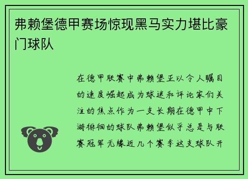 弗赖堡德甲赛场惊现黑马实力堪比豪门球队